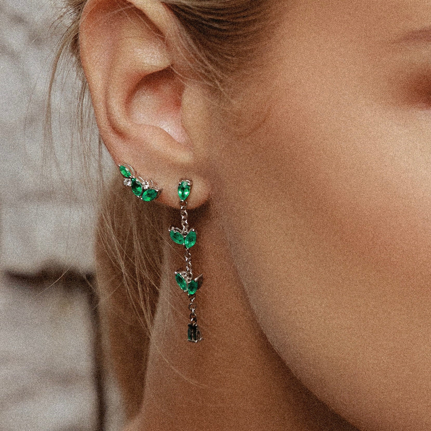 Emerald & Diamond Climber Earrings in White Gold