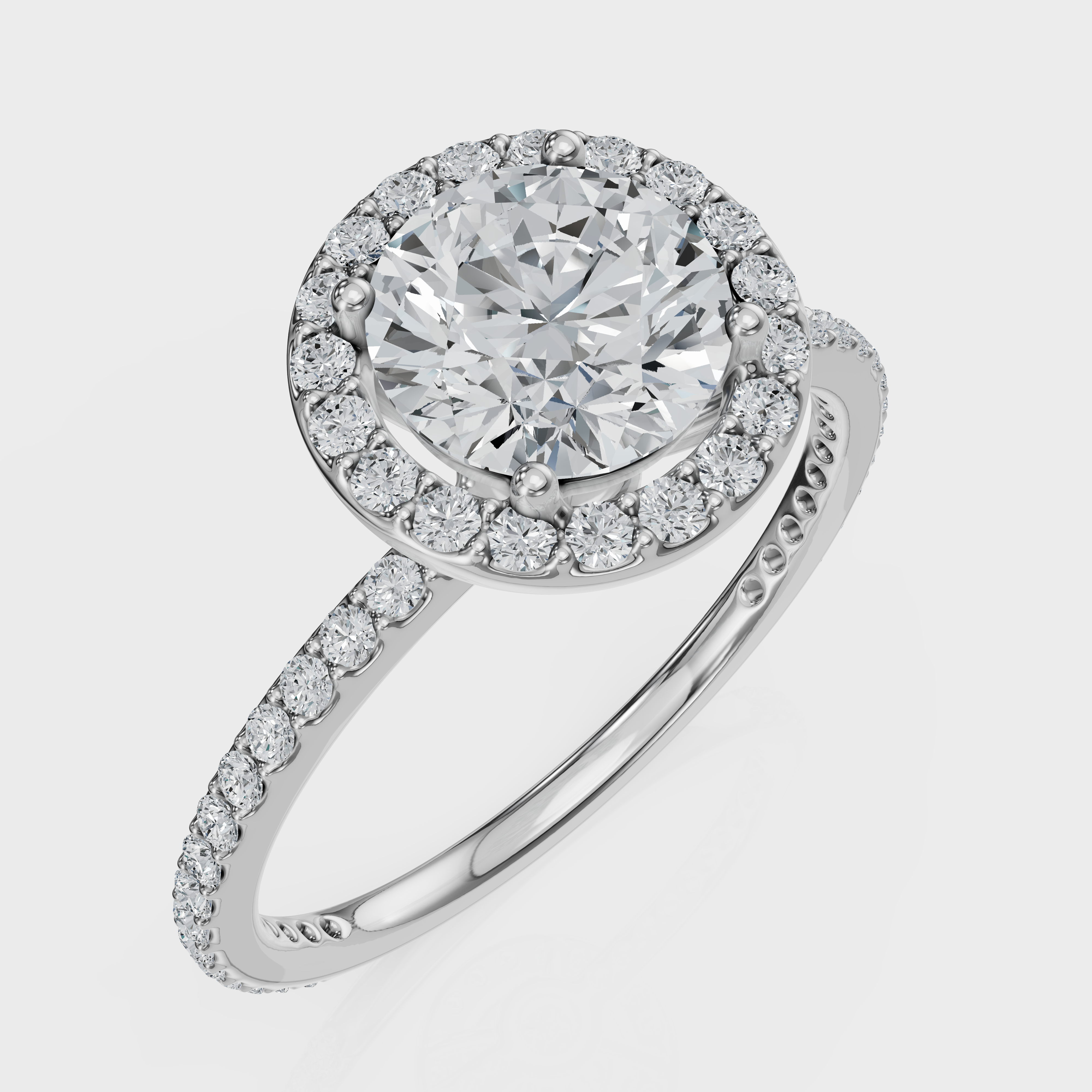 Round Cut Halo with Pavé Band Ring– Diamonds