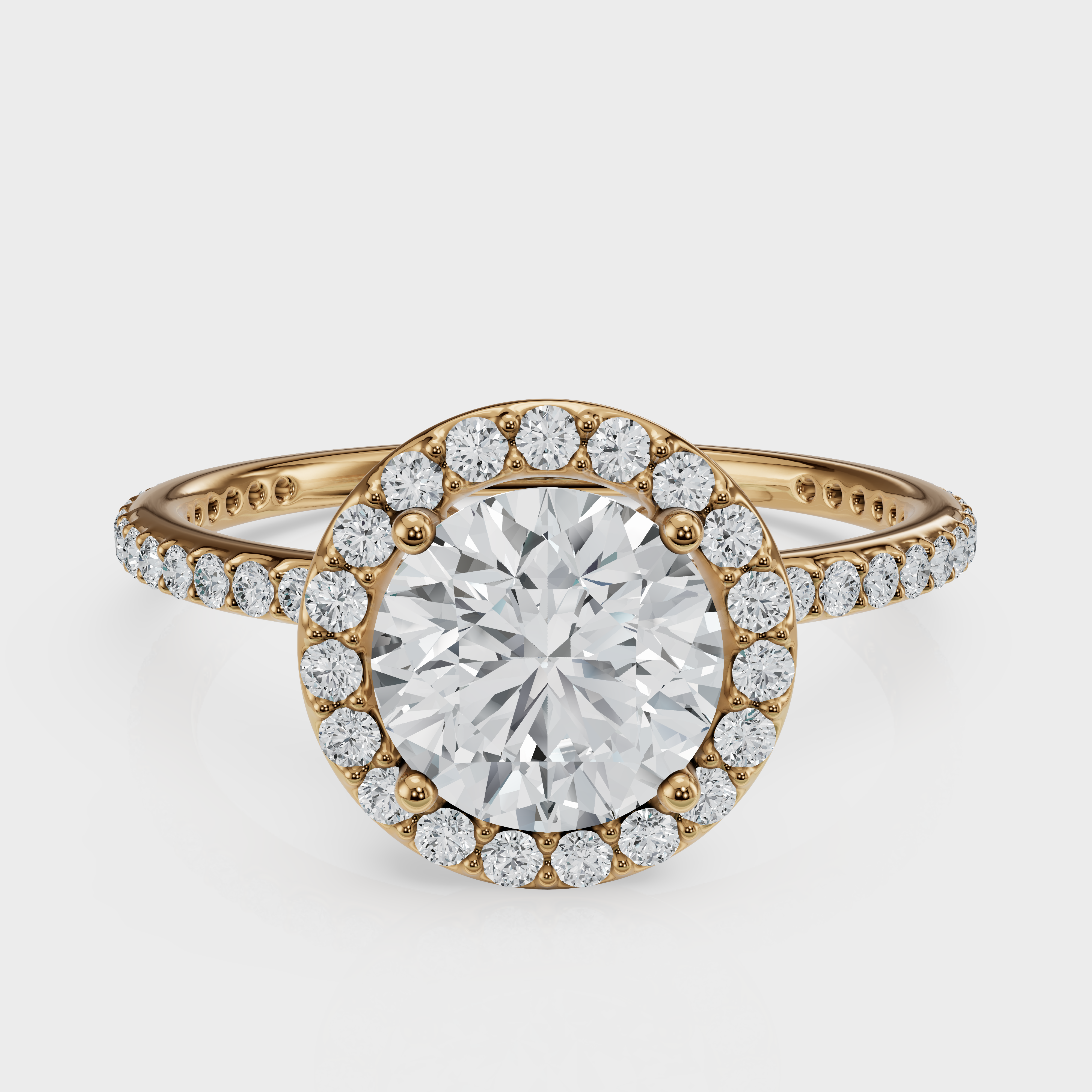 Round Cut Halo with Pavé Band Ring– Diamonds