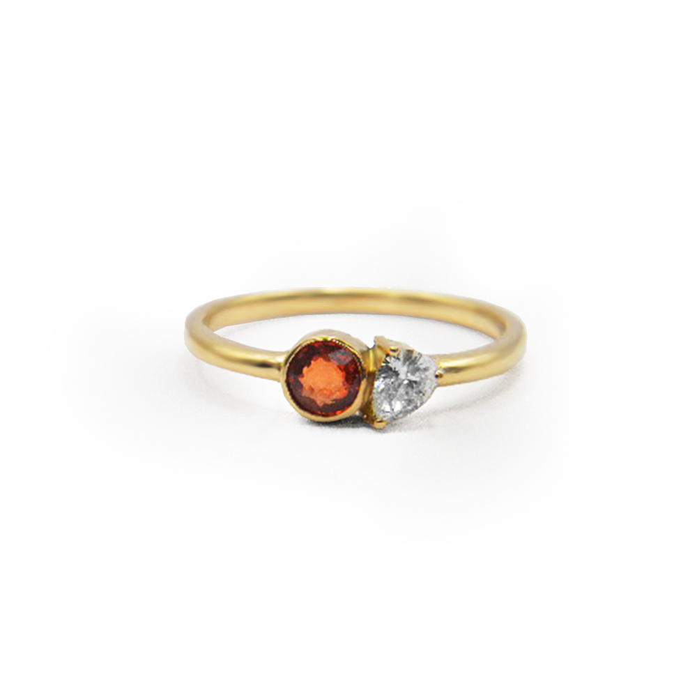Round Orange Sapphire & Pear Diamond Ring