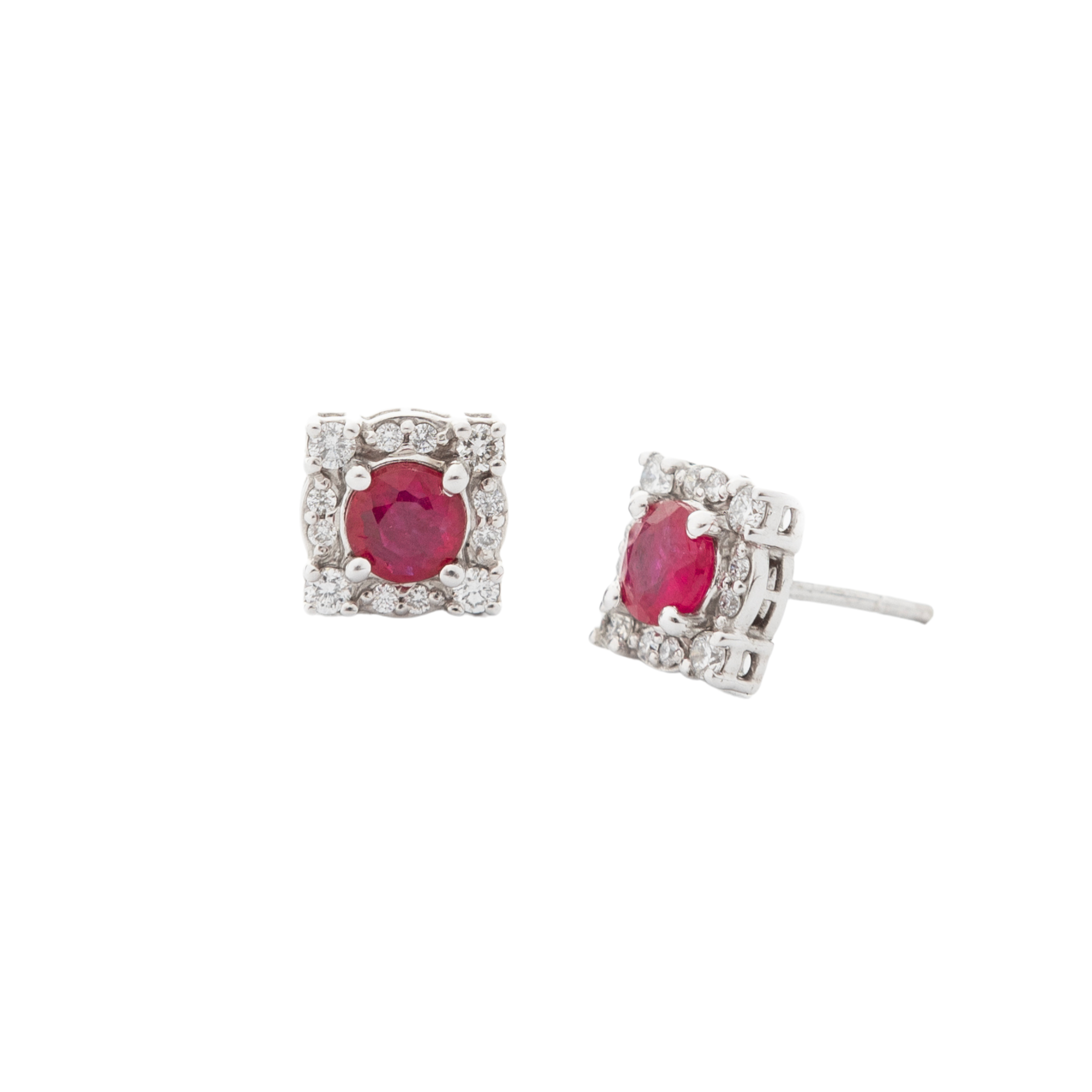 Round Ruby Studs with Square Diamond Halo