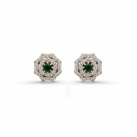 Octagonal Double Halo Studs- Emeralds & Diamonds