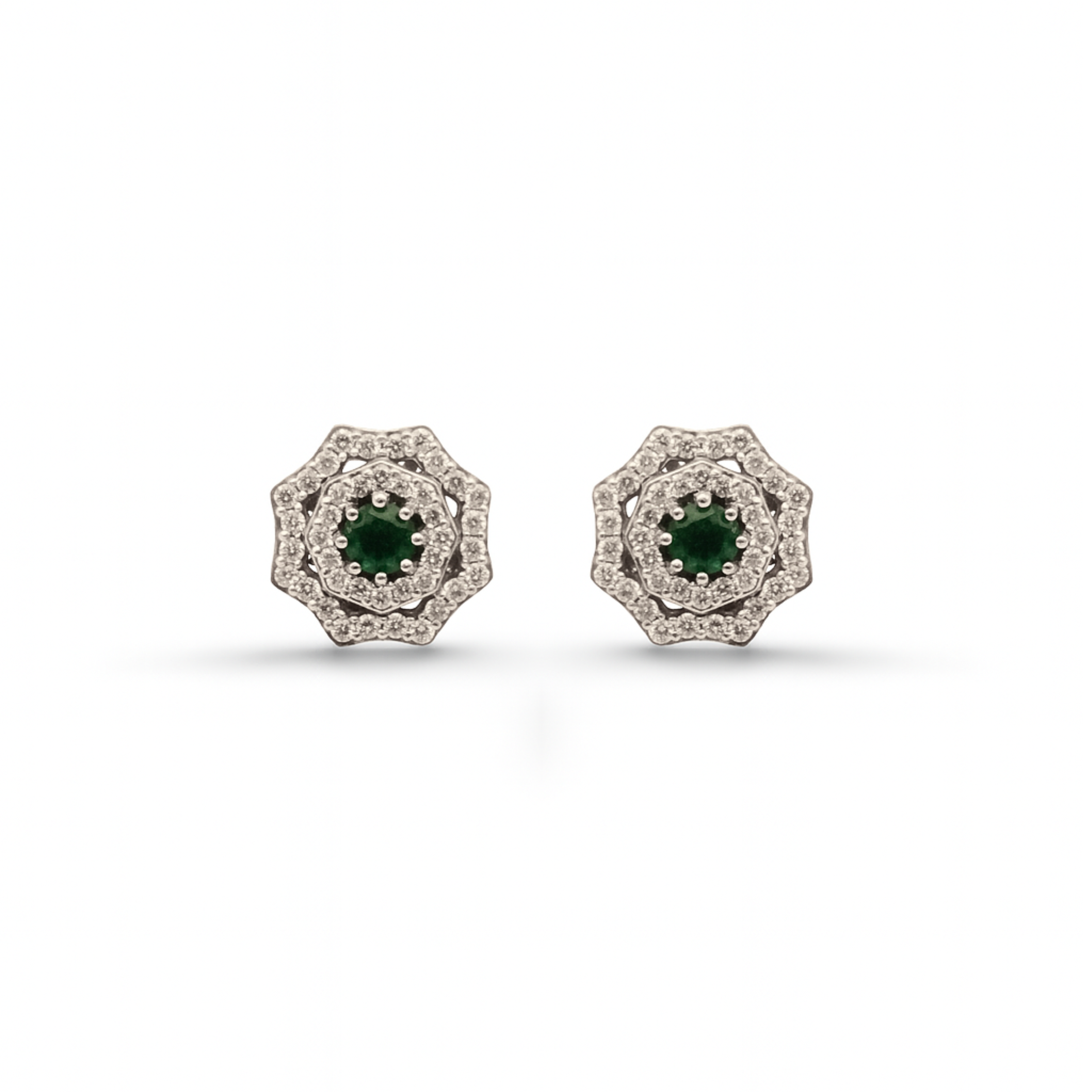 Octagonal Double Halo Studs- Emeralds & Diamonds