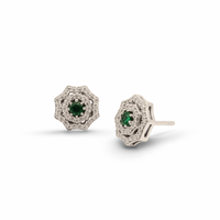 Octagonal Double Halo Studs- Emeralds & Diamonds
