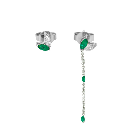 Marquise Diamond & Emerald Studs with One-Side Chain