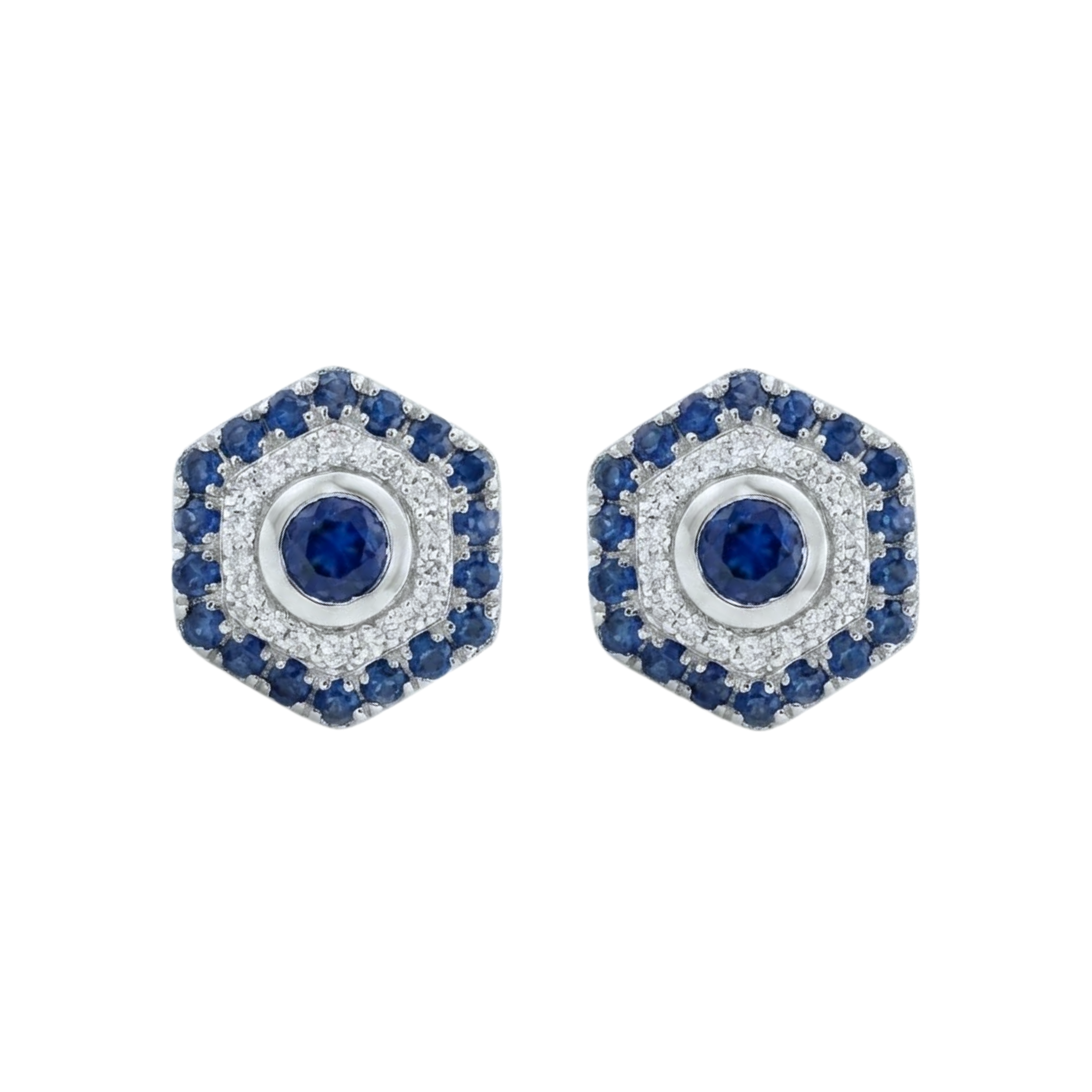Hexagonal Double Halo Sapphire & Diamond Studs