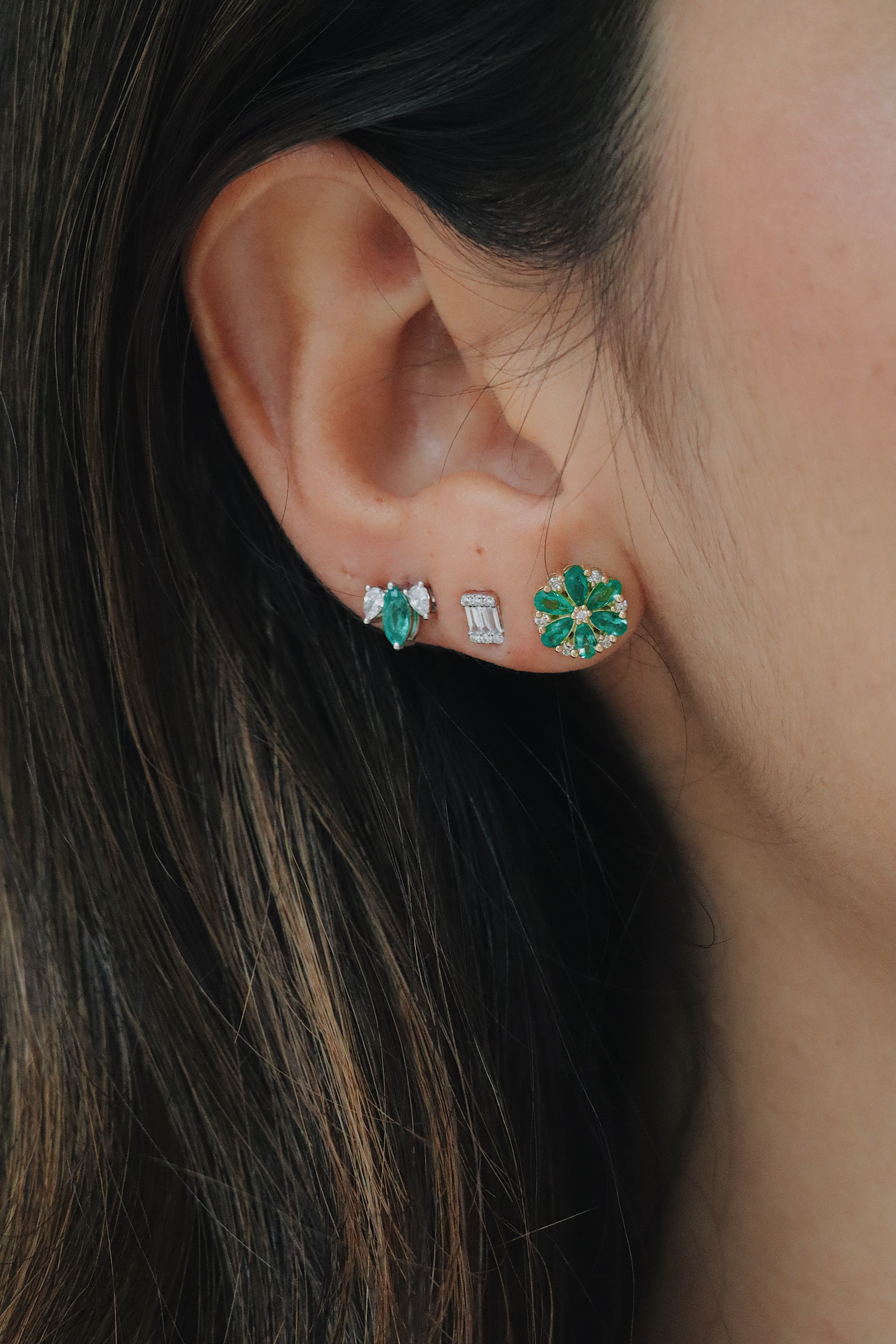Pear Emerald & Round Diamond Floral Studs