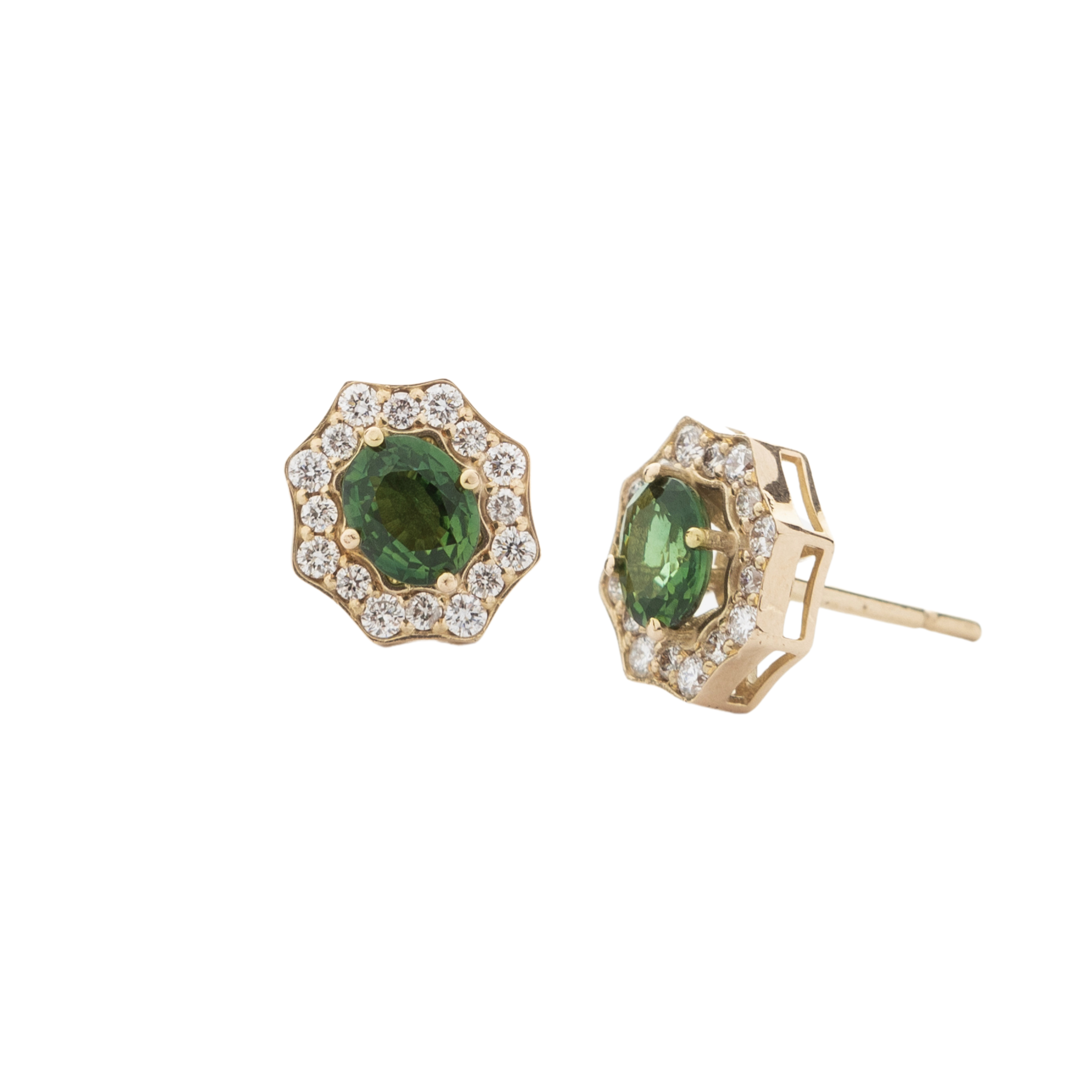 Vintage Halo Oval Studs – Green Sapphires & Diamonds