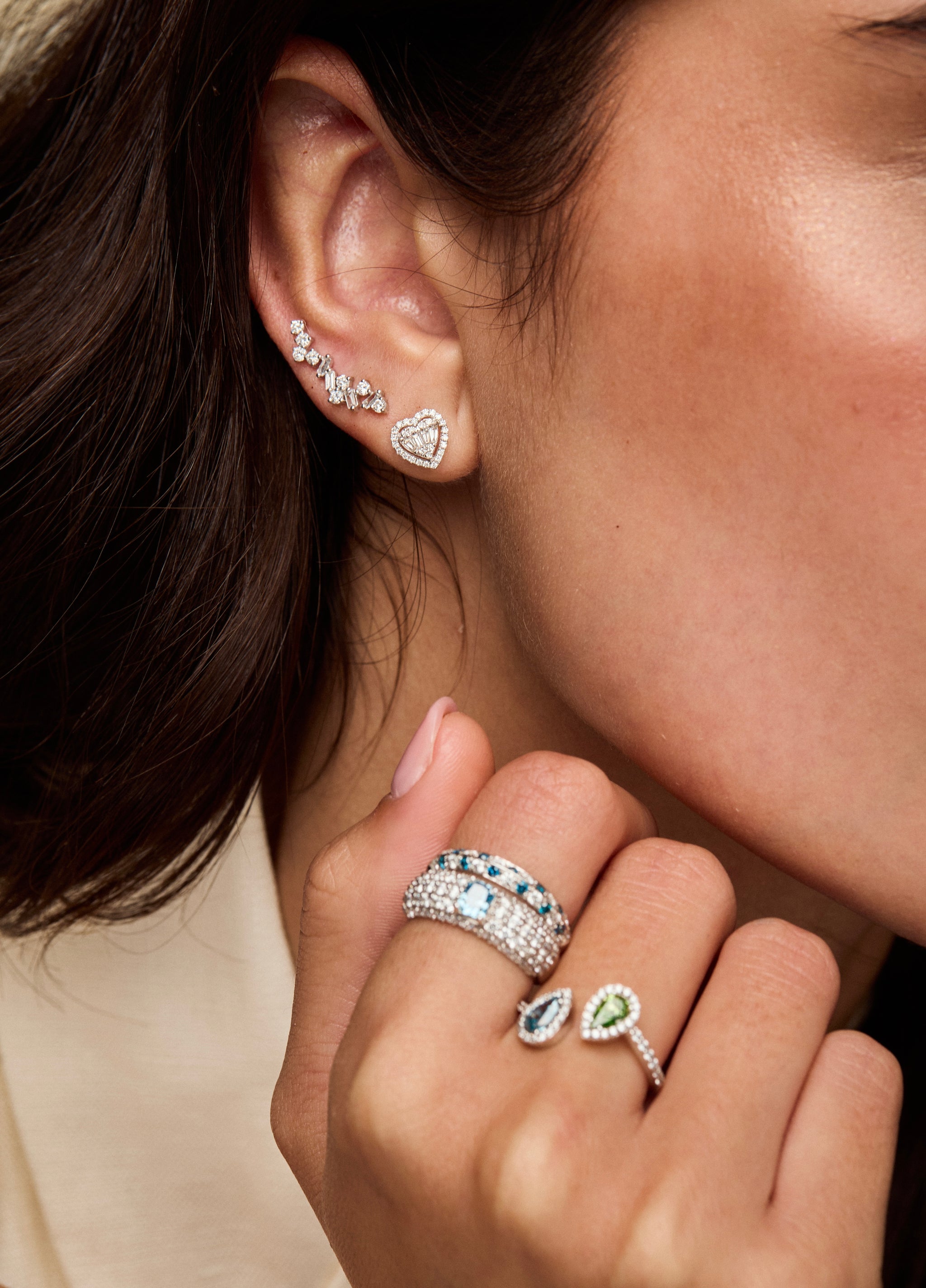 Blue & Green Diamond Double Pear Ring with Diamond Halo
