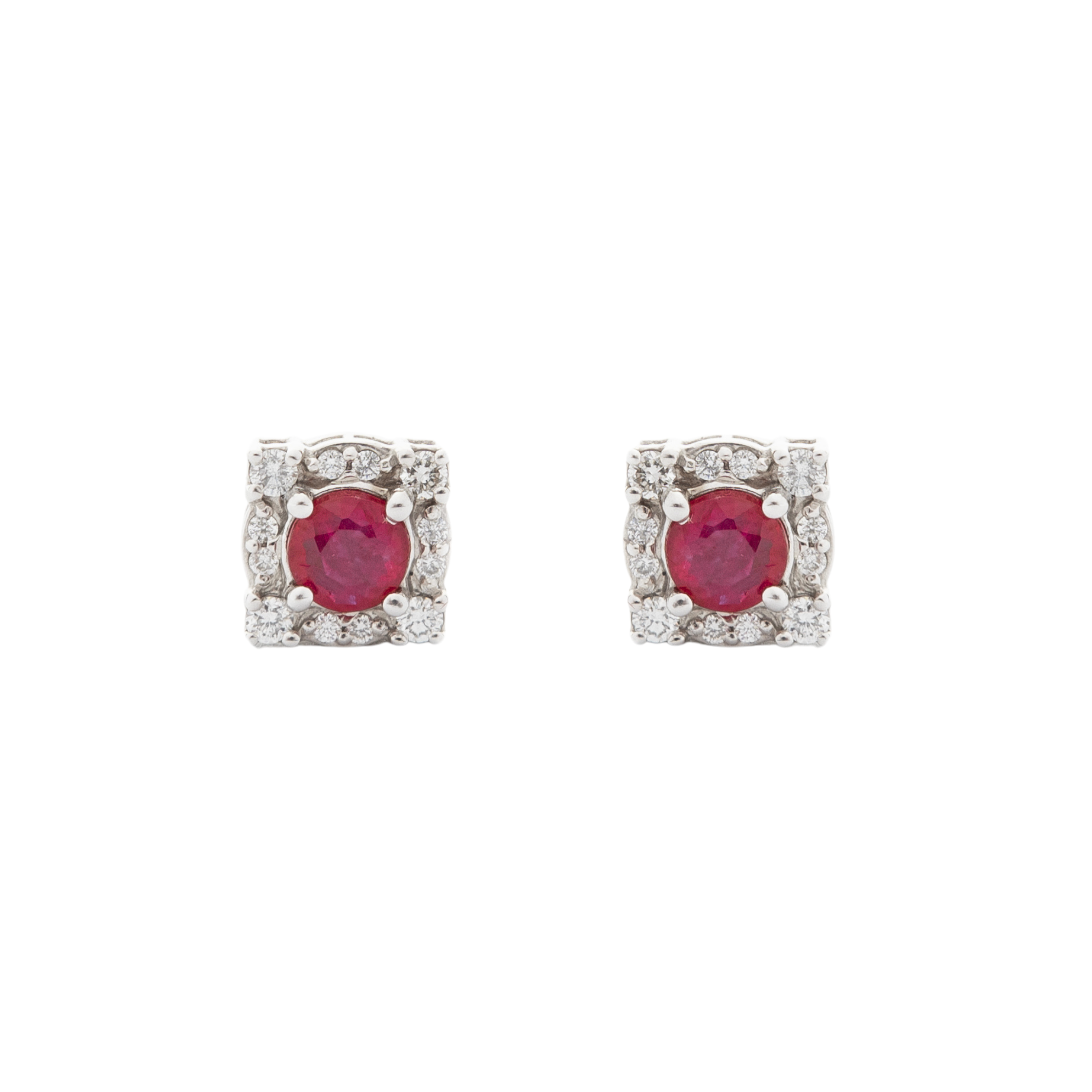 Round Ruby Studs with Square Diamond Halo