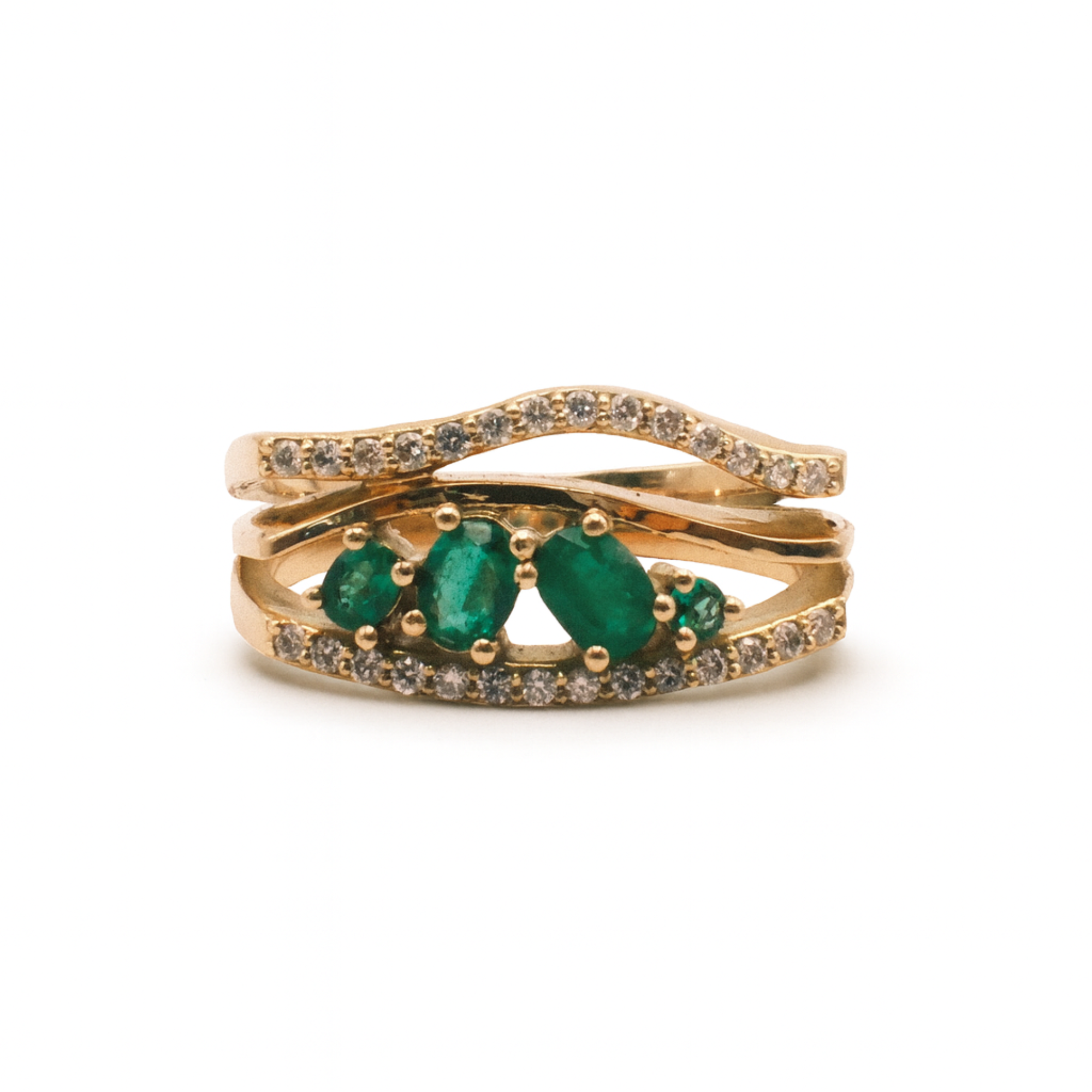 Mixed-Cut Emerald & Diamond Triple Wavy Band