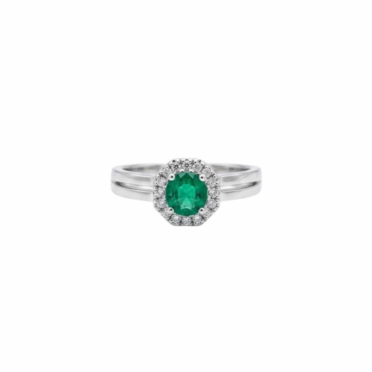 Round Emerald  & Hexagonal Diamond Halo Double Ring