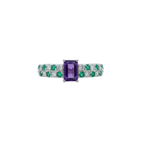 Emerald-Cut Amethyst Ring with Alternating Emerald & Diamond Band