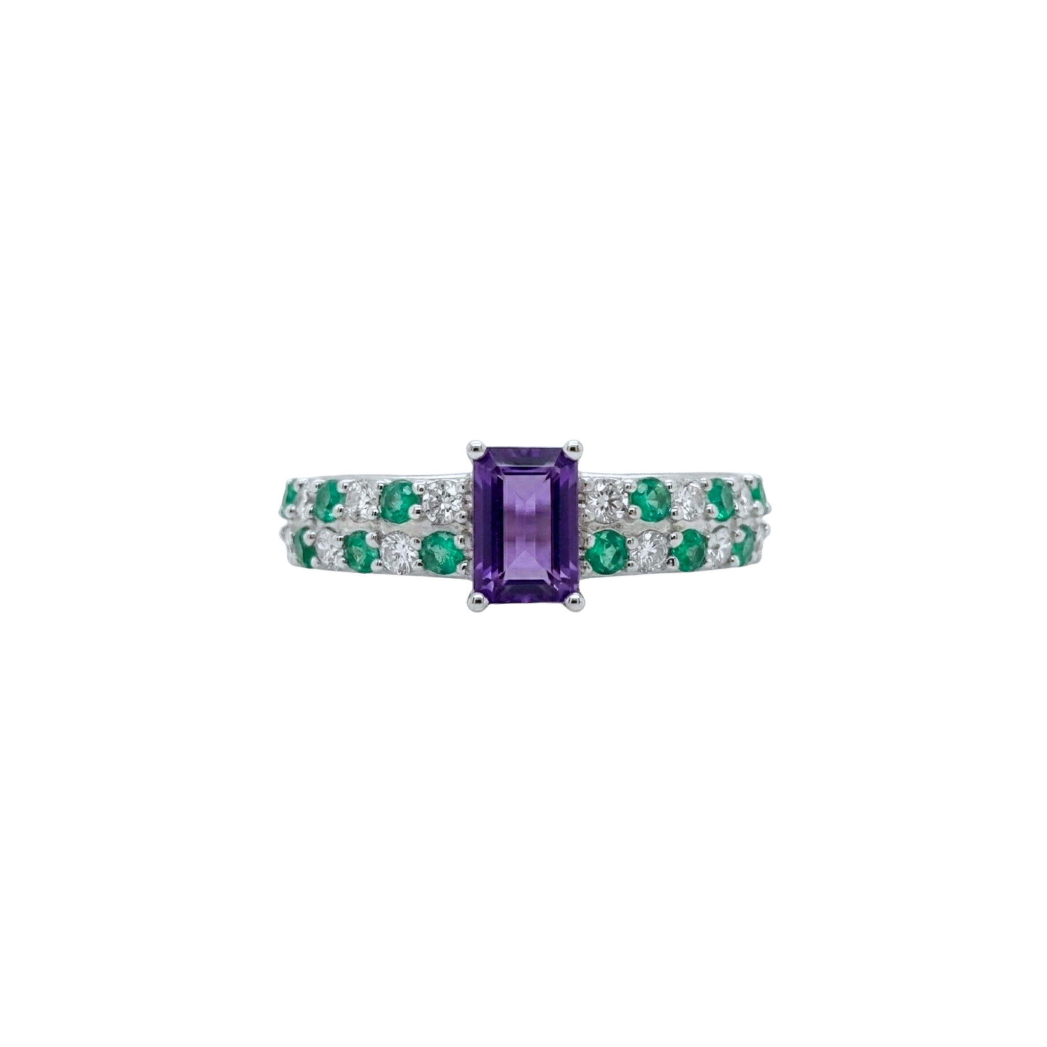 Emerald-Cut Amethyst Ring with Alternating Emerald & Diamond Band