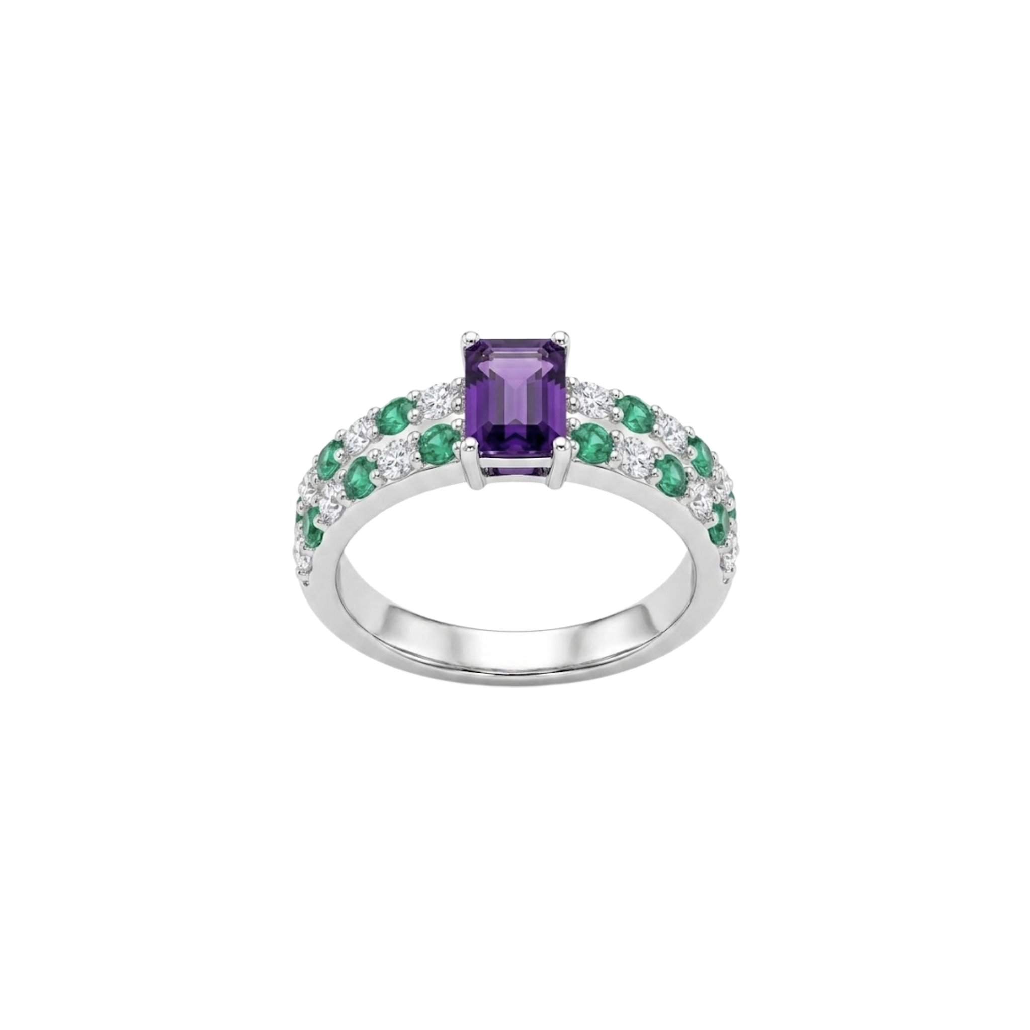 Emerald-Cut Amethyst Ring with Alternating Emerald & Diamond Band
