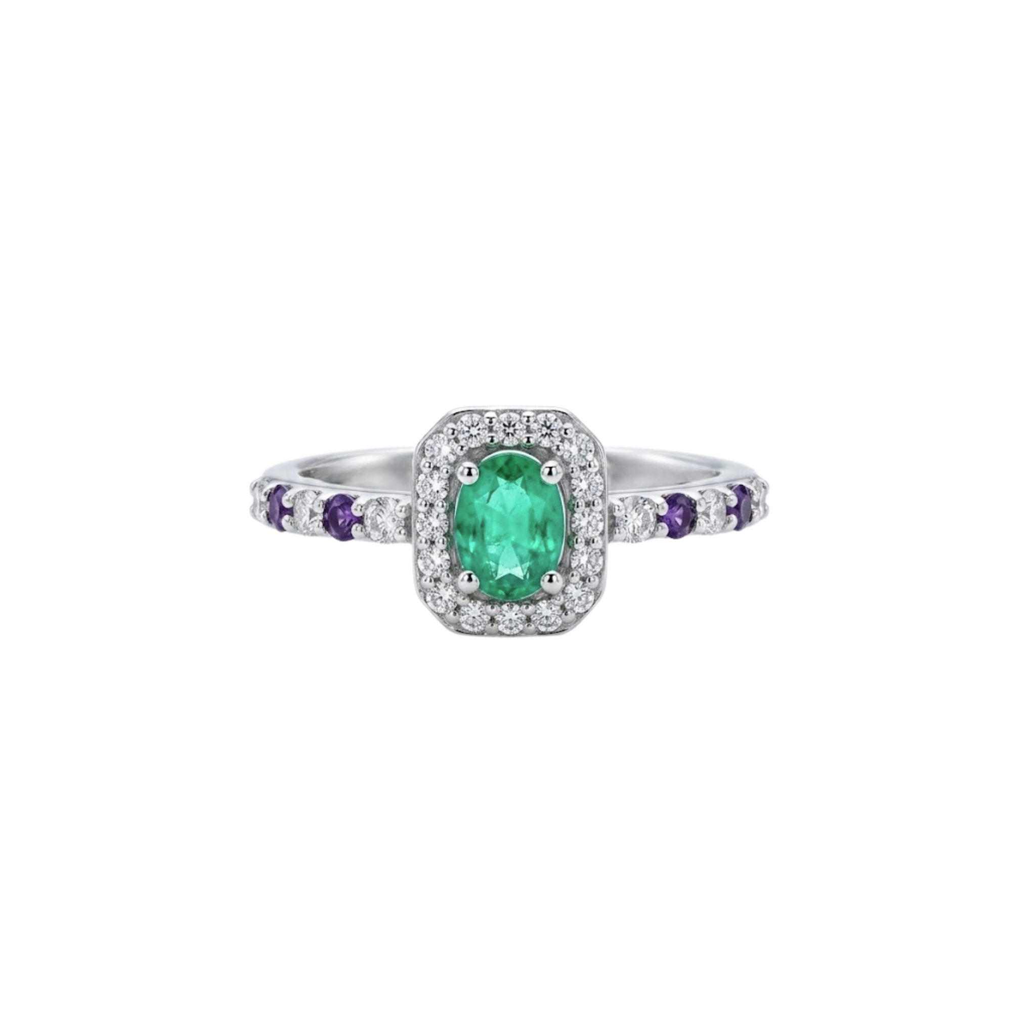 Oval Emerald Halo Ring with Amethyst Pavé Band