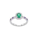 Oval Emerald Halo Ring with Amethyst Pavé Band
