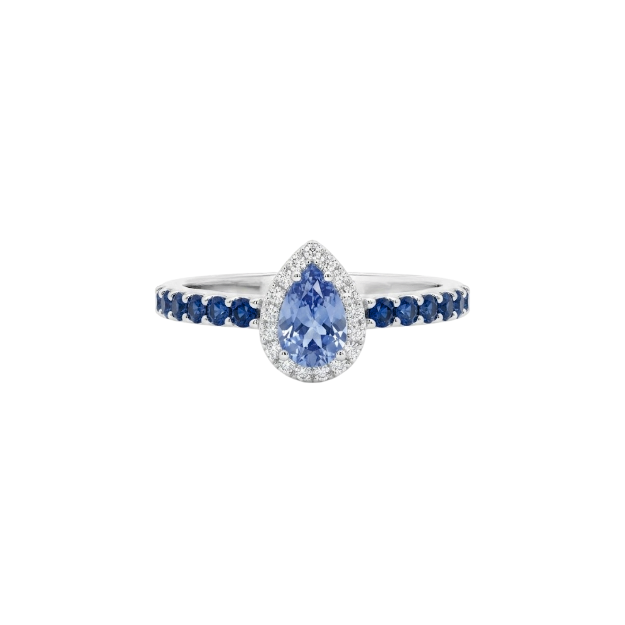 Pear Sapphire Ring with Diamond Halo & Sapphire Band