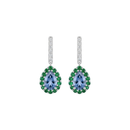 Pear Sapphire Drop Earrings with Diamond Bar & Emerald Halo