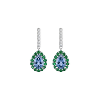 Pear Sapphire Drop Earrings with Diamond Bar & Emerald Halo