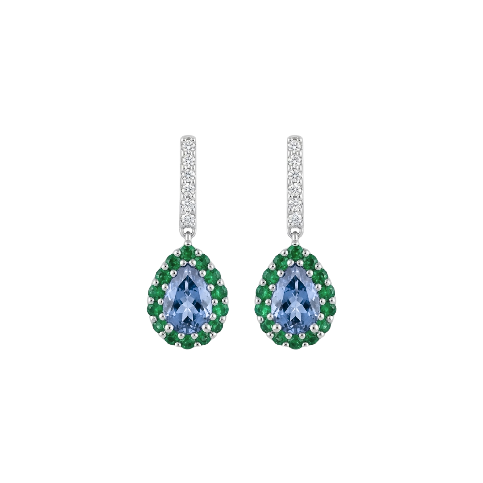 Pear Sapphire Drop Earrings with Diamond Bar & Emerald Halo