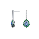 Pear Sapphire Drop Earrings with Diamond Bar & Emerald Halo