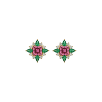 Princess Pink Sapphire Studs with Diamond & Pear Emerald Halo
