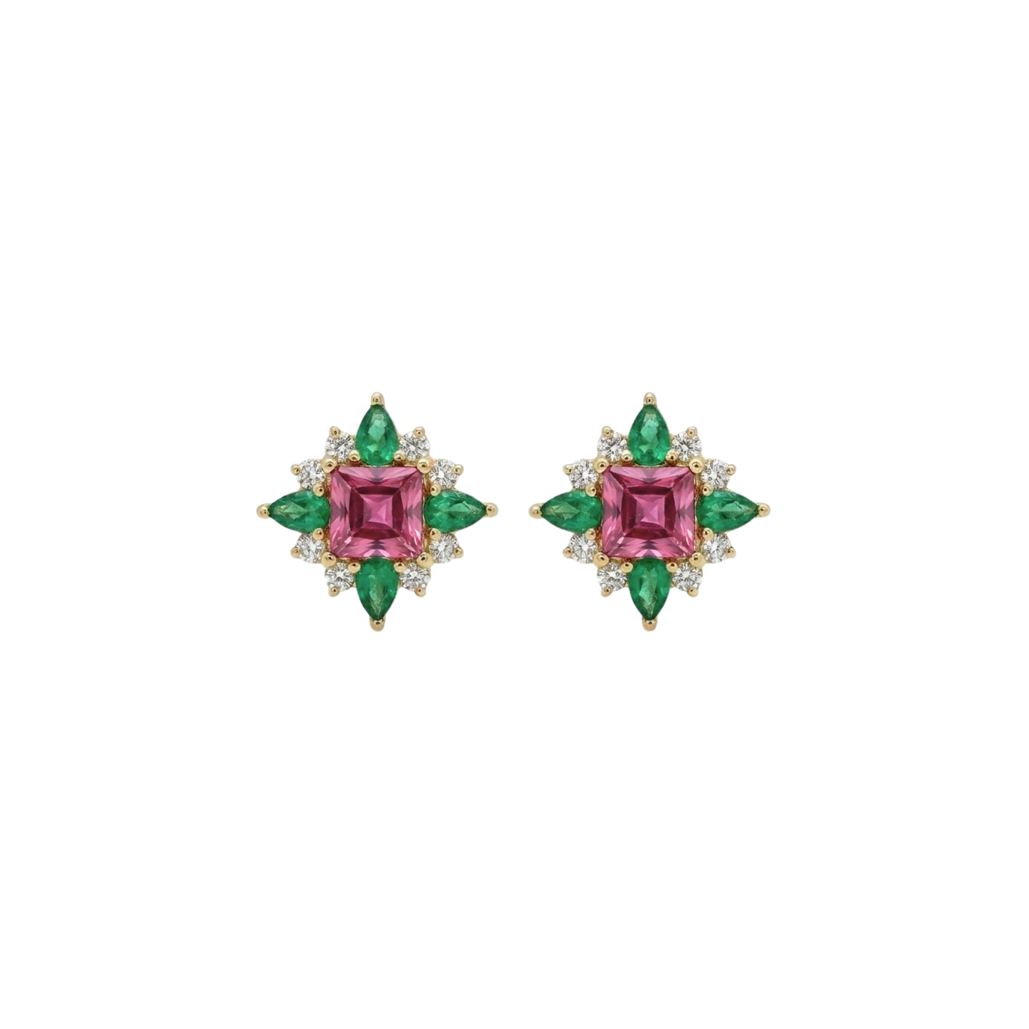 Princess Pink Sapphire Studs with Diamond & Pear Emerald Halo