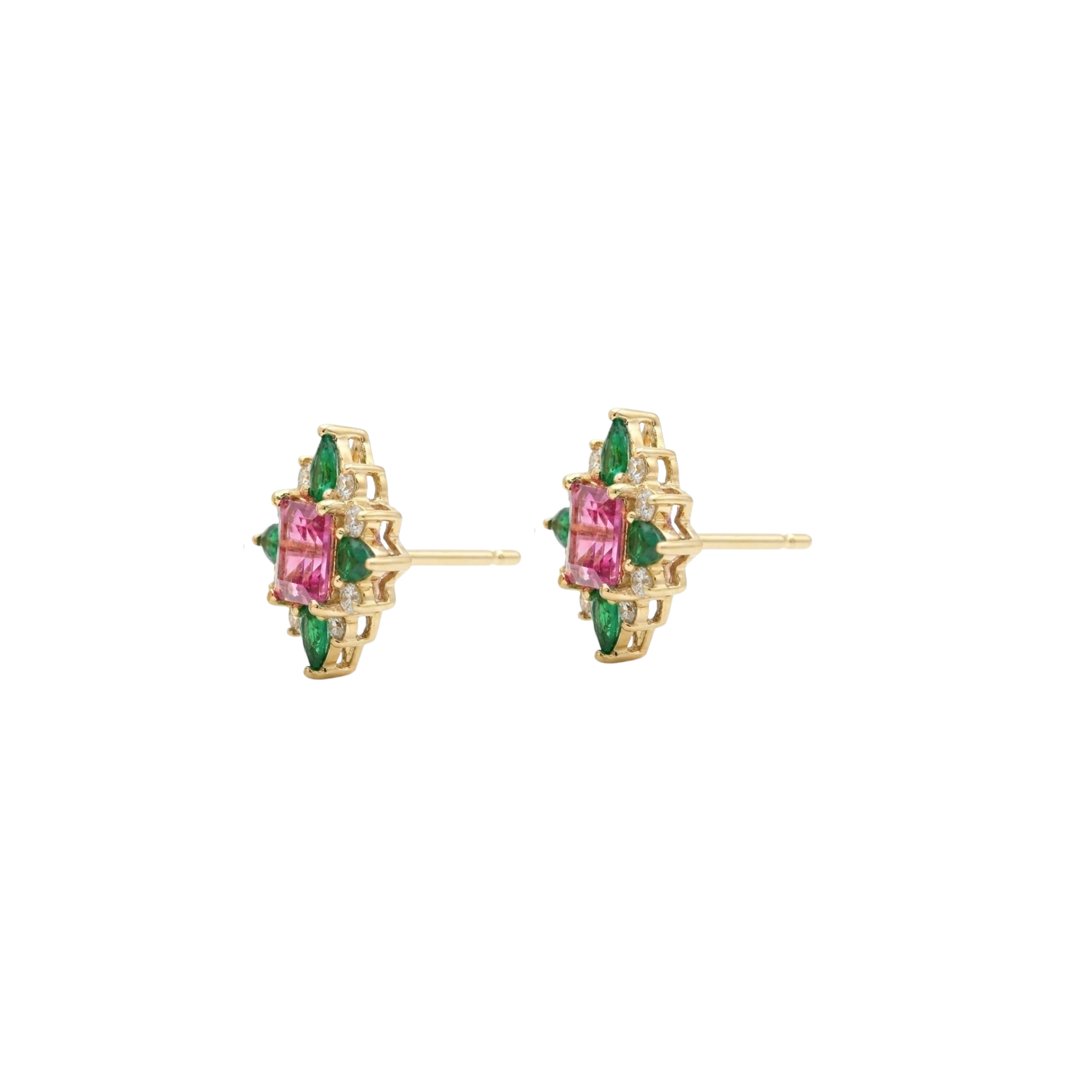 Princess Pink Sapphire Studs with Diamond & Pear Emerald Halo