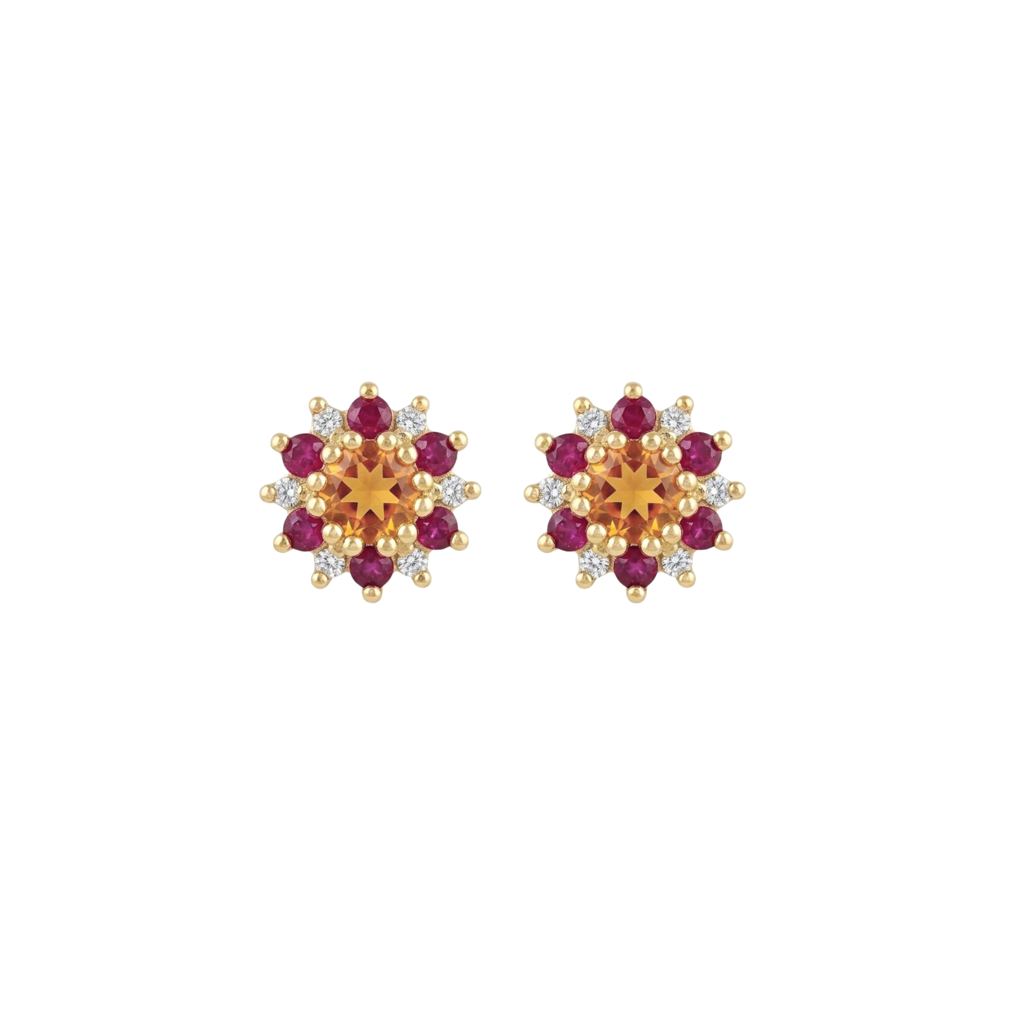 Round Orange Sapphire Studs with Ruby & Diamond Halo