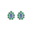 Pear Sapphire Studs with Flush Set Emerald Halo