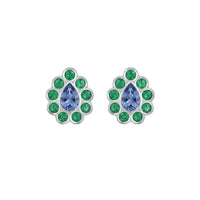 Pear Sapphire Studs with Flush Set Emerald Halo