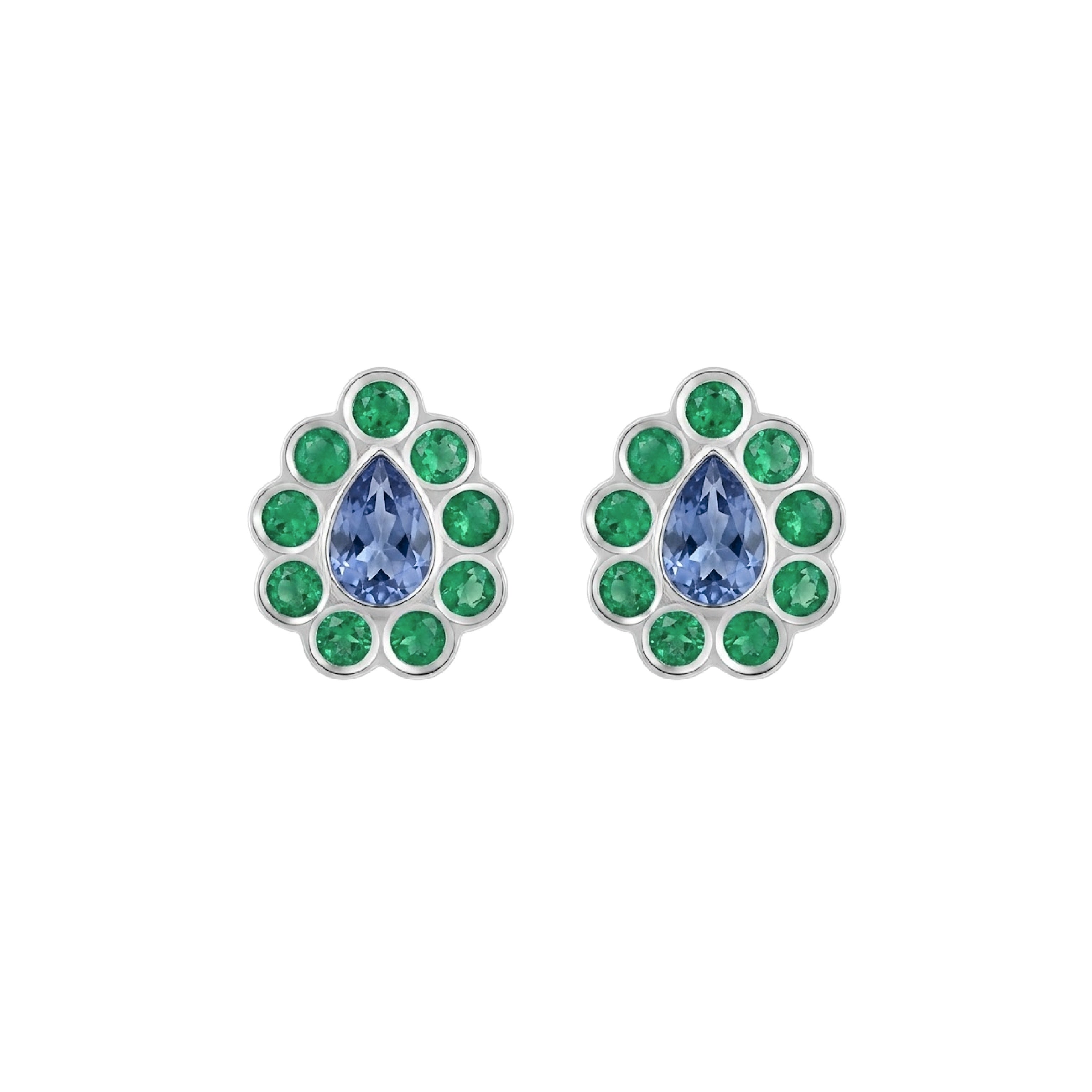 Pear Sapphire Studs with Flush Set Emerald Halo