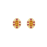 Rectangle Orange Sapphire Studs with Flush Set Ruby Halo