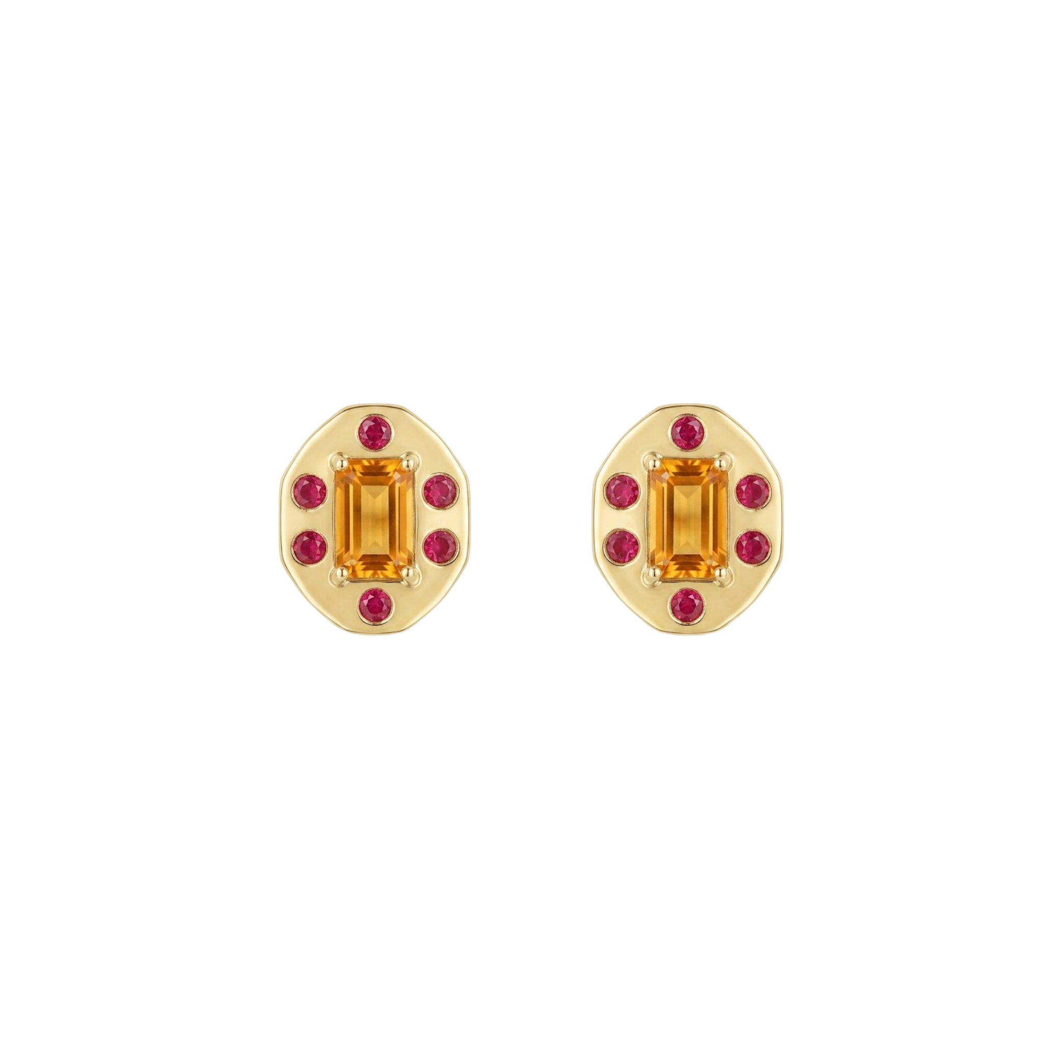 Rectangle Orange Sapphire Studs with Flush Set Ruby Halo