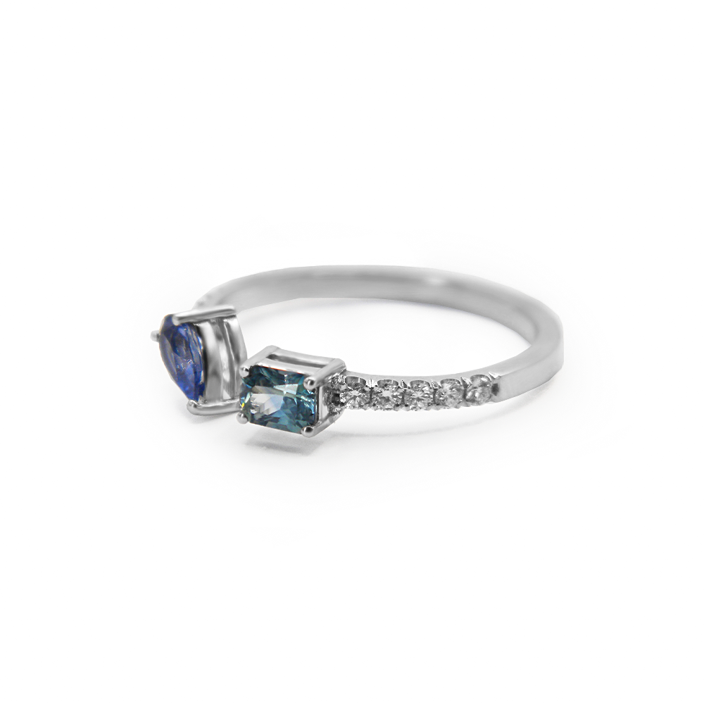 Blue Sapphire Teardrop & Emerald Cut Sapphire with Diamonds Ring