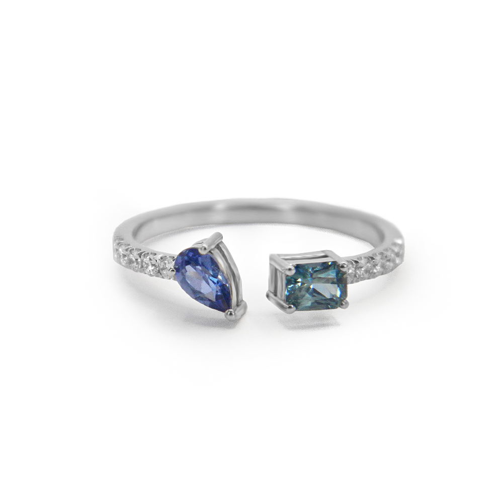 Blue Sapphire Teardrop & Emerald Cut Sapphire with Diamonds Ring