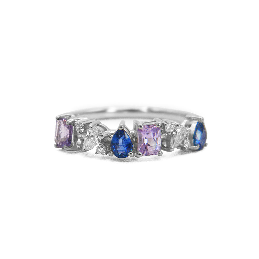 White Gold Ring with Pink Sapphires, Blue Sapphires & Diamonds