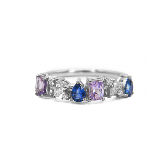 White Gold Ring with Pink Sapphires, Blue Sapphires & Diamonds
