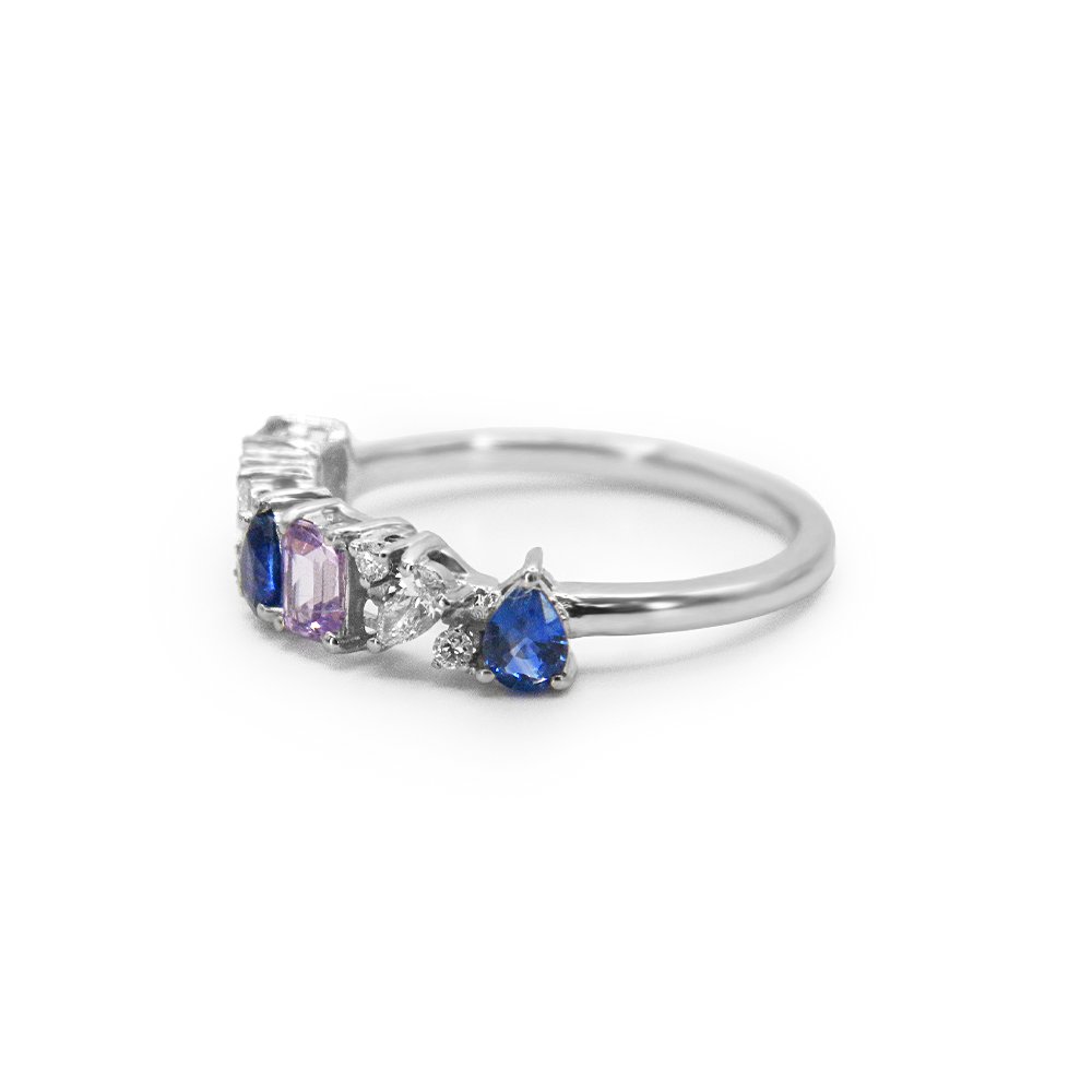 White Gold Ring with Pink Sapphires, Blue Sapphires & Diamonds