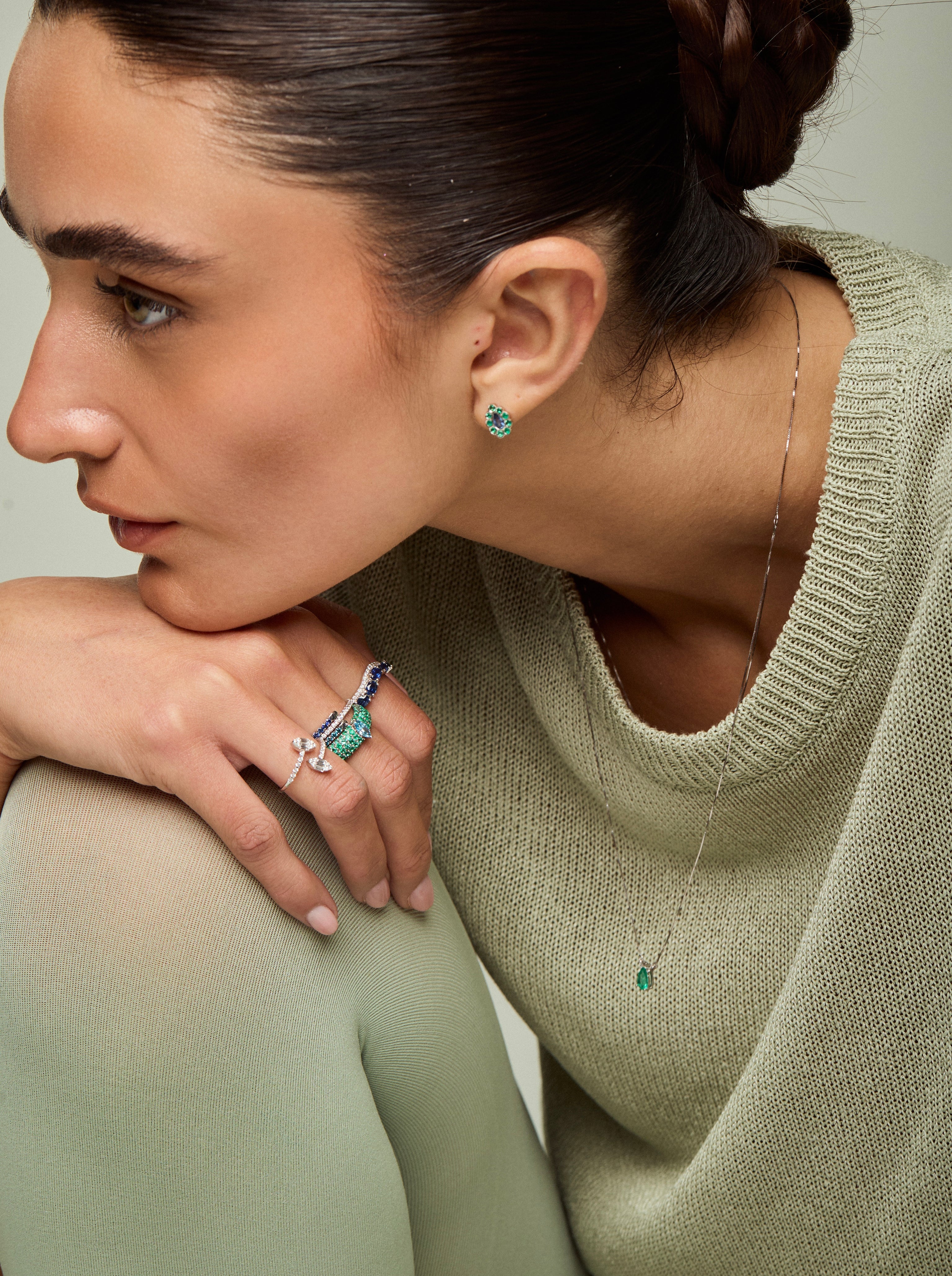 Pear Sapphire Studs with Flush Set Emerald Halo