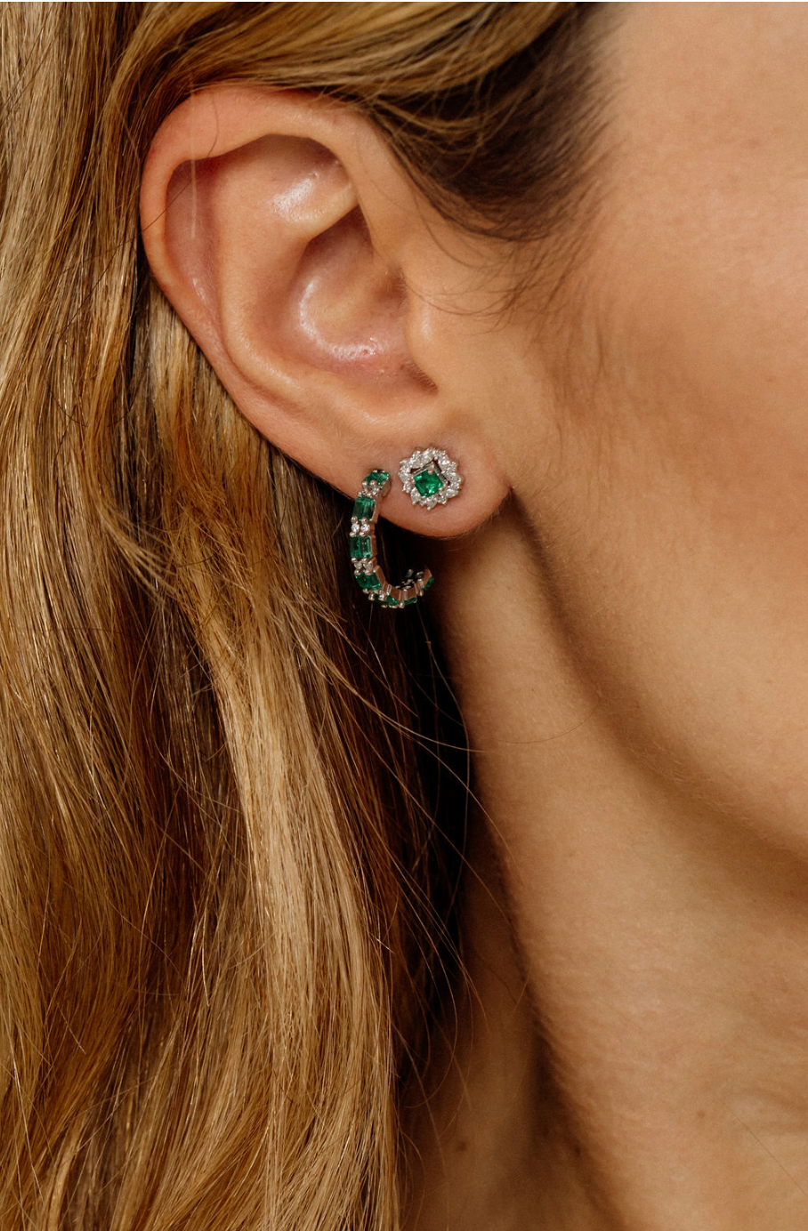 Princess-Cut Studs with Marquise Jackets  – Emeralds & Diamonds