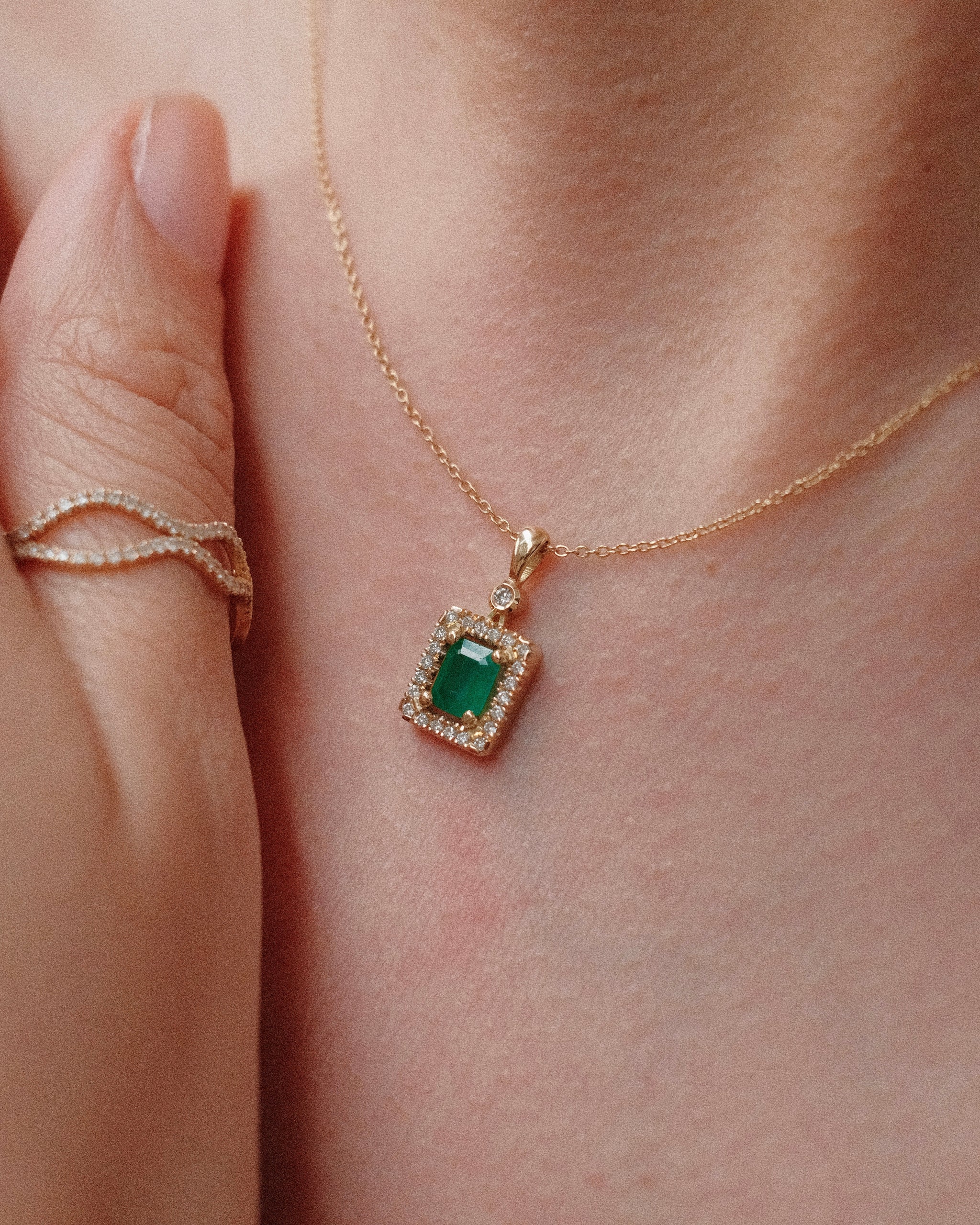 Emerald-Cut Emerald & Diamond Halo Necklace