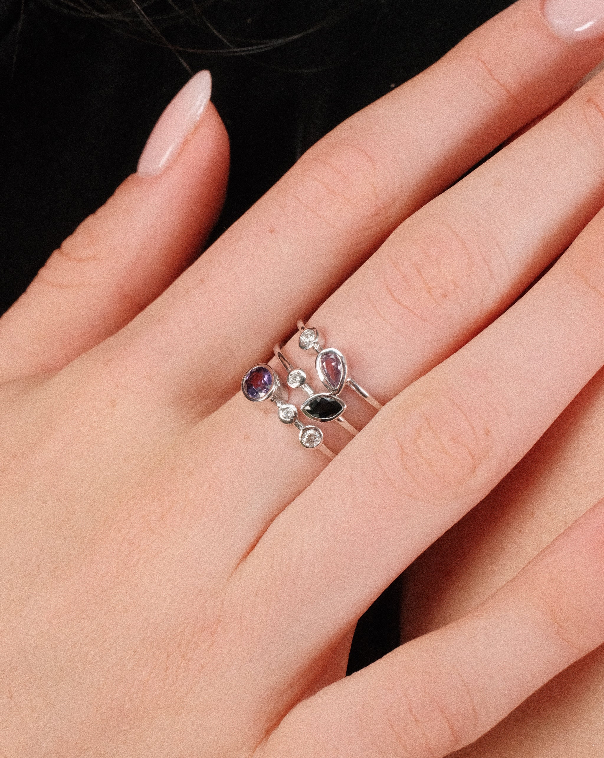 Triple Band Multicolor Mixed-Cut Sapphire & Round Diamond Bezel Ring