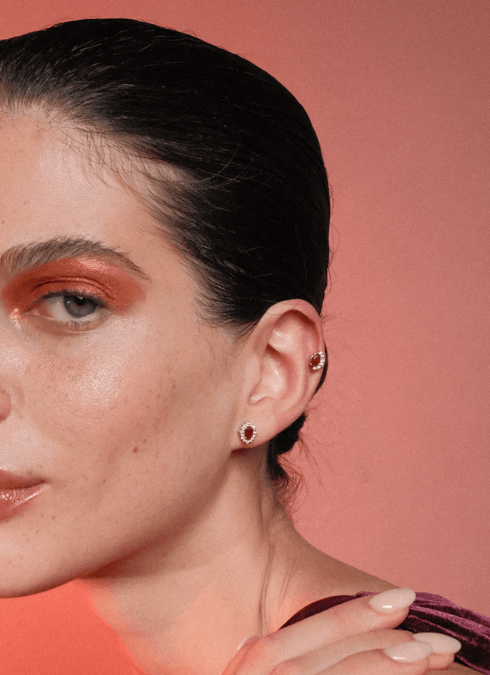 Oval Ruby & Half Diamond Halo Studs