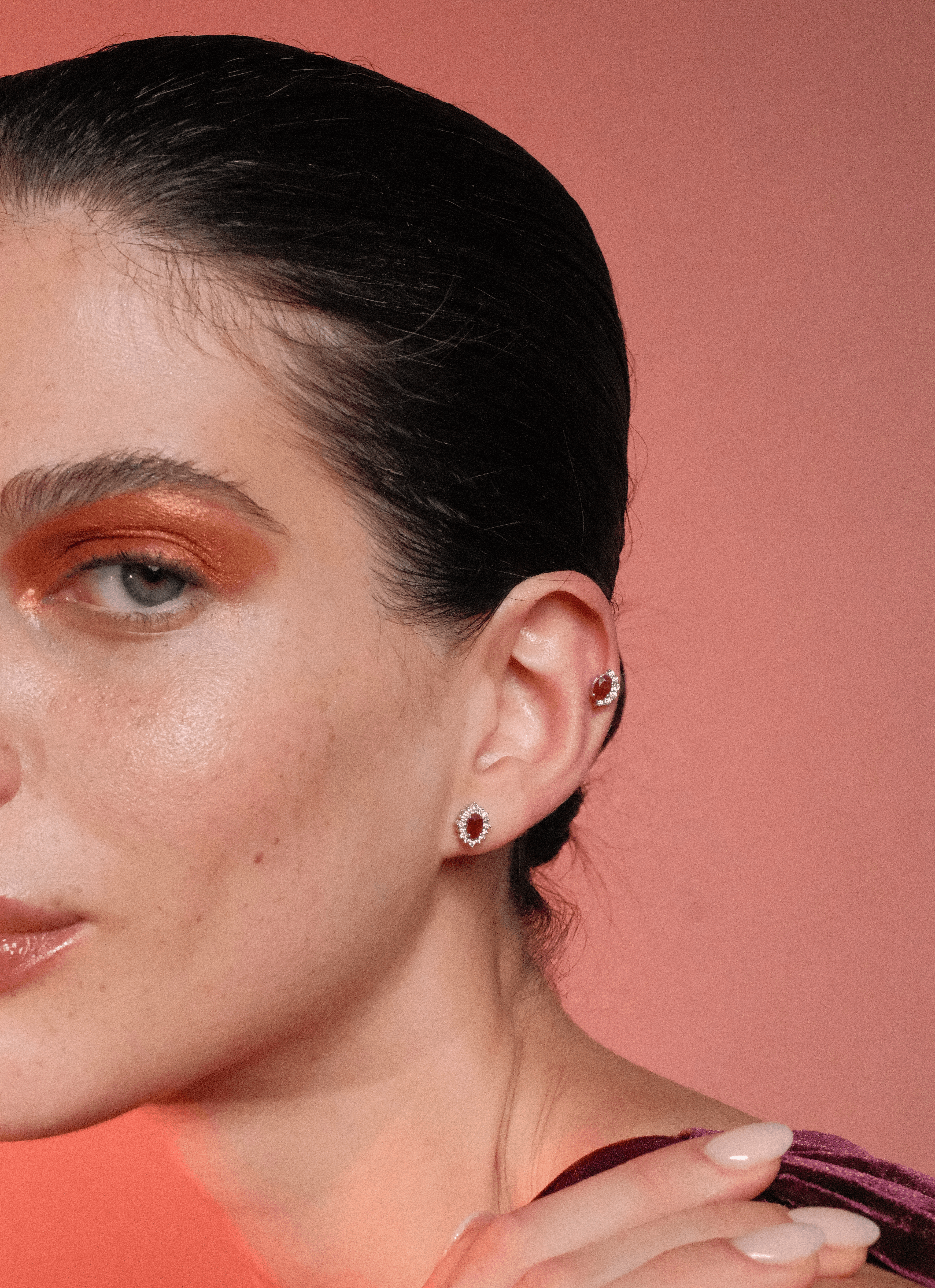 Oval Ruby & Half Diamond Halo Studs