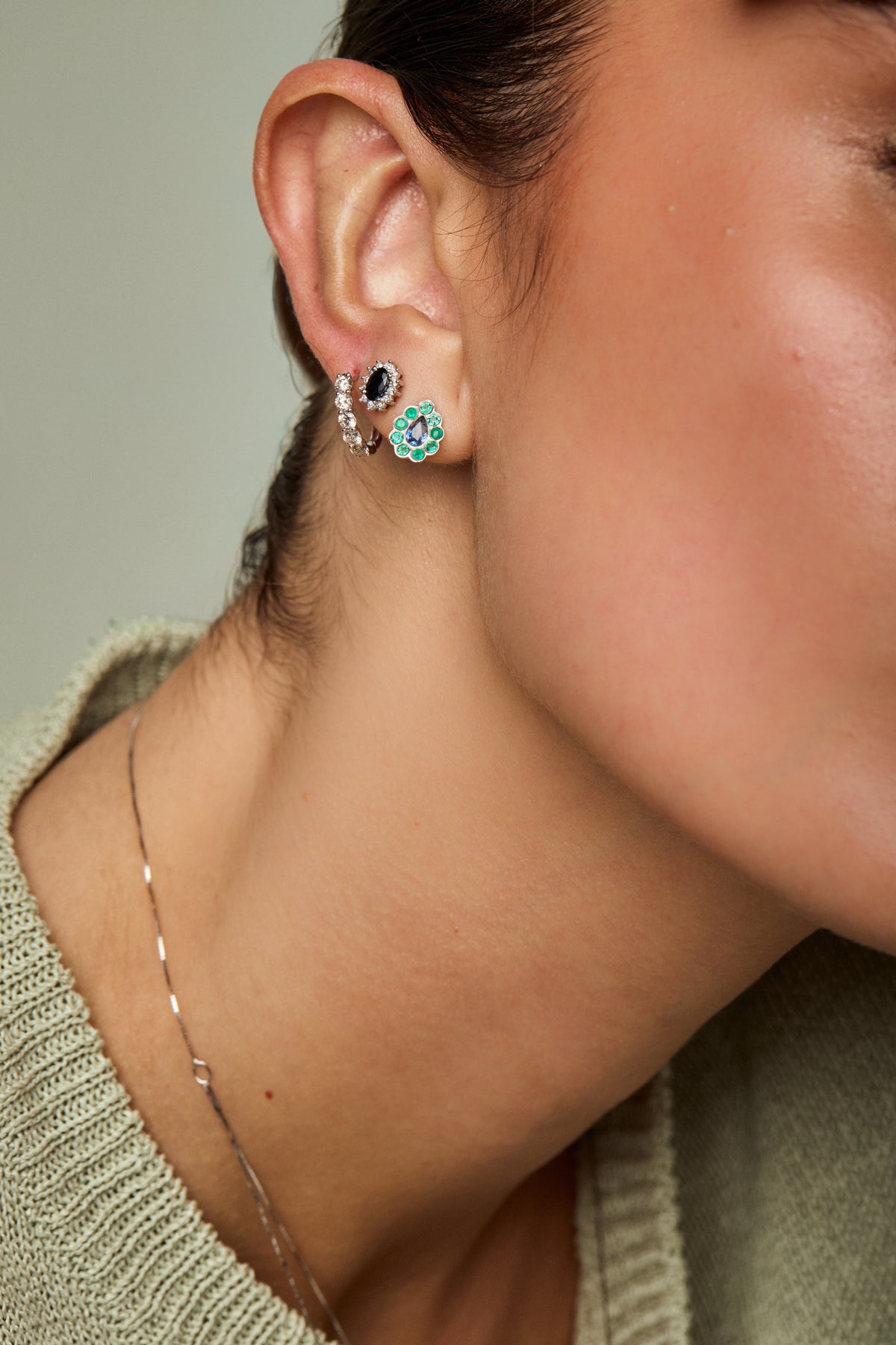 Oval Sapphire & Diamond Floral Cluster Halo Studs