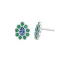 Pear Sapphire Studs with Flush Set Emerald Halo
