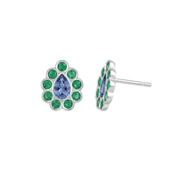 Pear Sapphire Studs with Flush Set Emerald Halo
