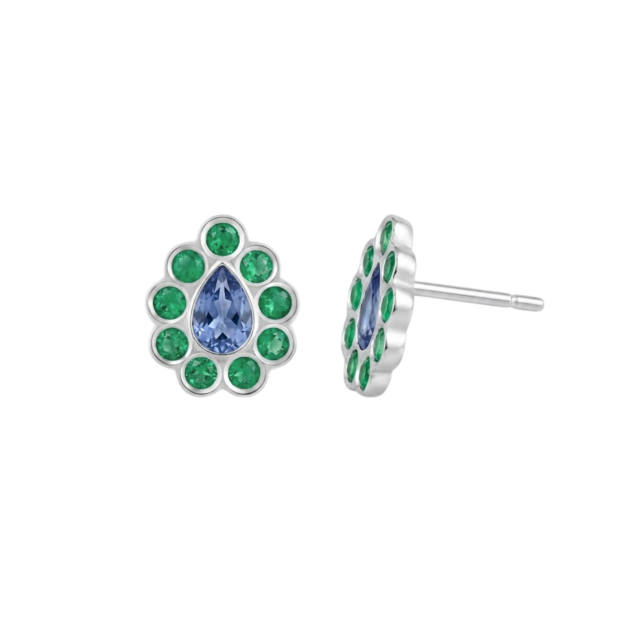 Pear Sapphire Studs with Flush Set Emerald Halo